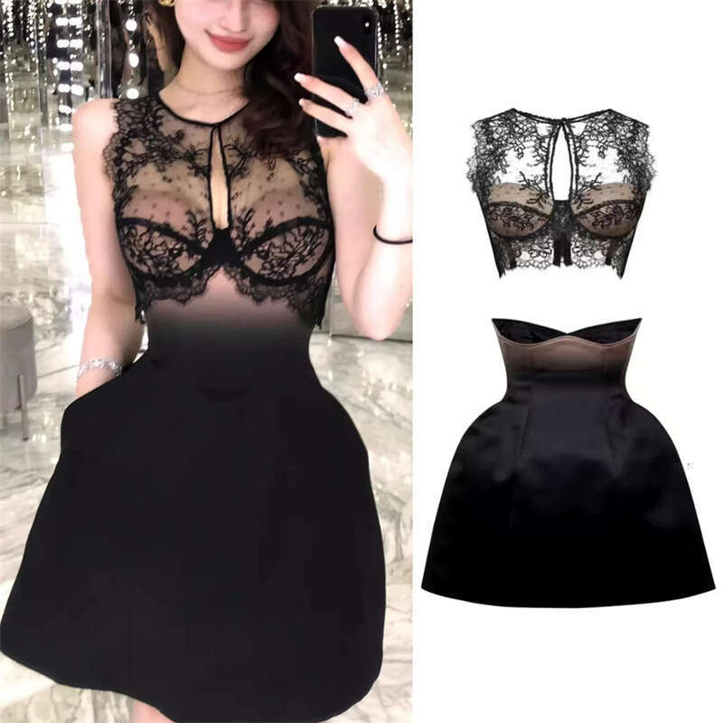 2026 new fashion niche design sexy transparent lace top+tight corset silhouette short skirt two-piece set for women