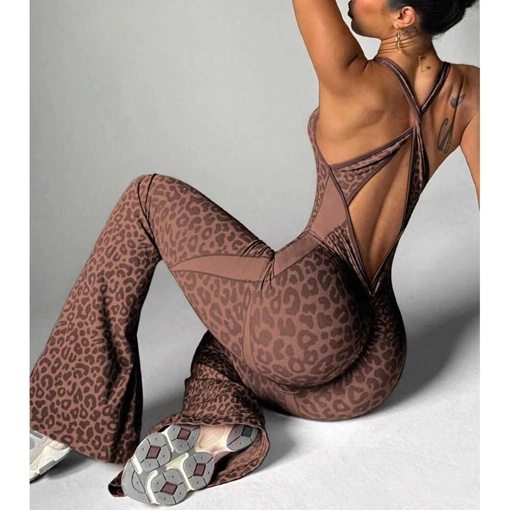 2026 Designer Women's Leopard Pattern Cross Back Seamless Yoga Fitness Integrated Sports Pants Set