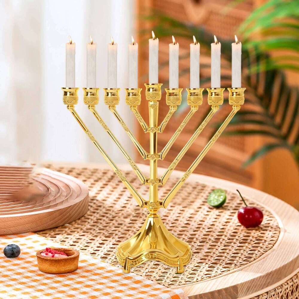 Vintage Hanukkah Menorah with 9 Arms Jerusalem Temple Candle Holder Sturdy for Prayer Festive Celebration Chanukah Decoration W260226