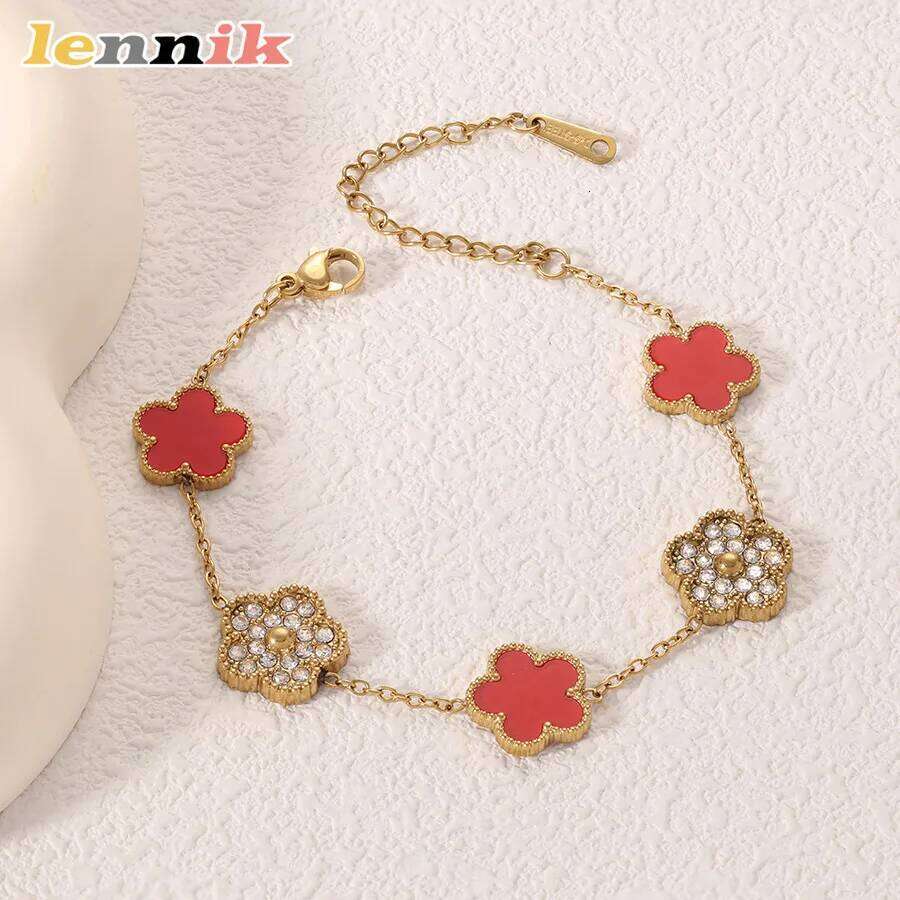 Five-Leaf Clover New Mother-of-Pearl, Sparkling Exquisite LENNIK Bracelet, 18K Plated Rhinestone Womens, Limited Offer Z260225