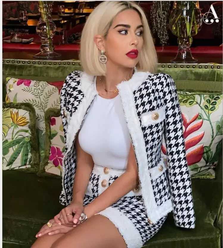 Women's Houndstooth Tweed Two Piece Set, Frayed Trim Gold Button Jacket & Mini SkirtT260226