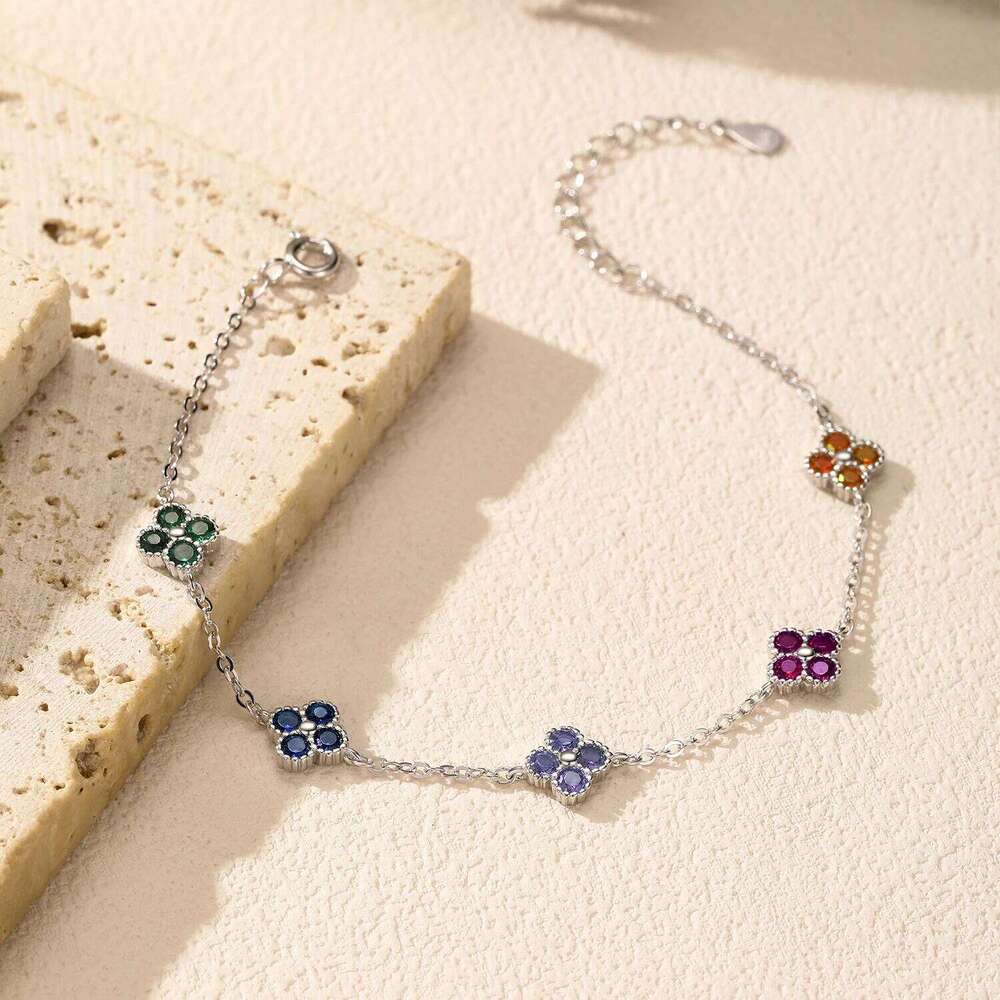 MODIAN 925 Sterling Silver Sweet Four Leaf Clover Colorful Zirconia Charm Fashion Stackable Bracelet For Women Fine Jewelry Z260225