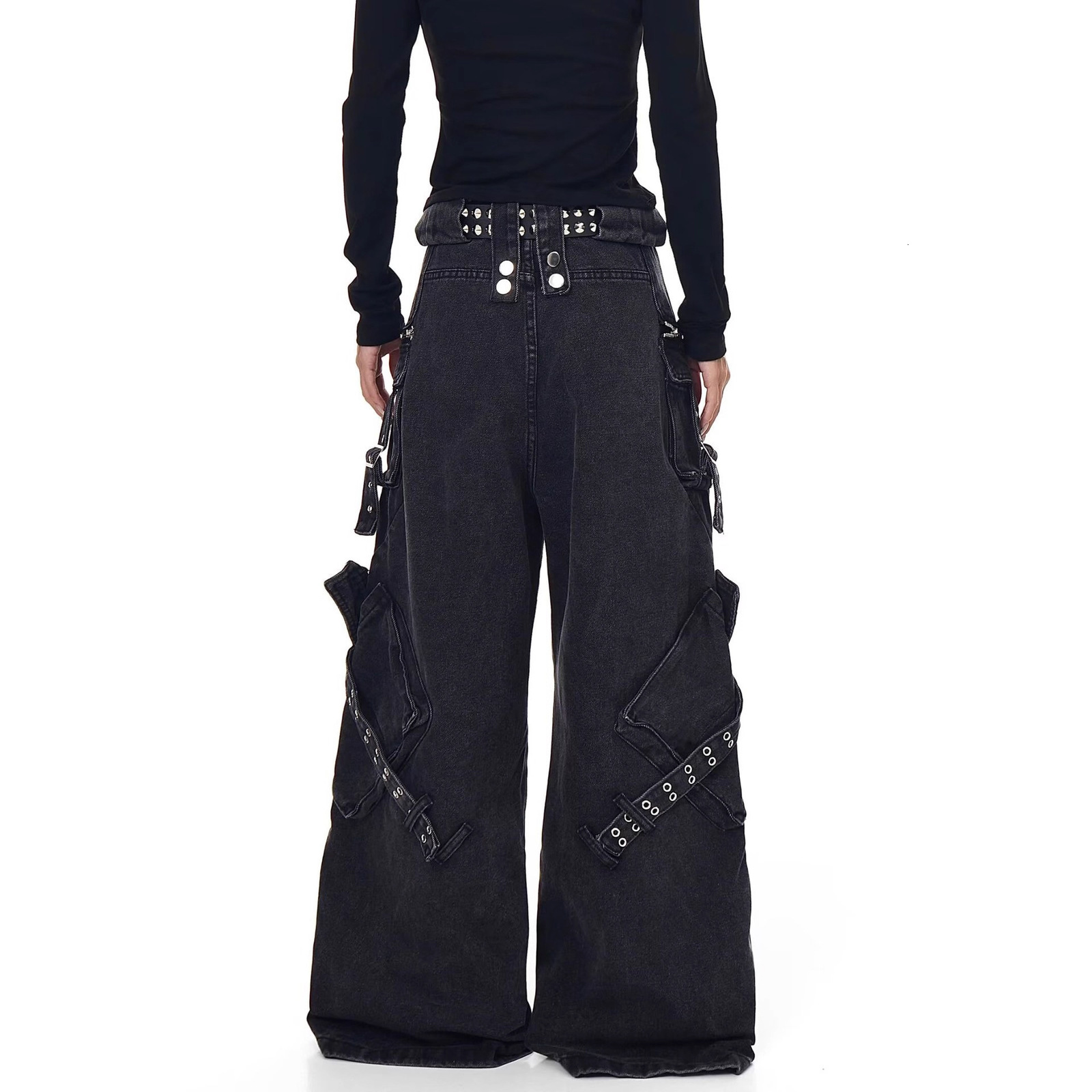 American vibe pants trendy high street brand black lace-up jeans for women straight slim-fit zippered cargo pants for spring240806