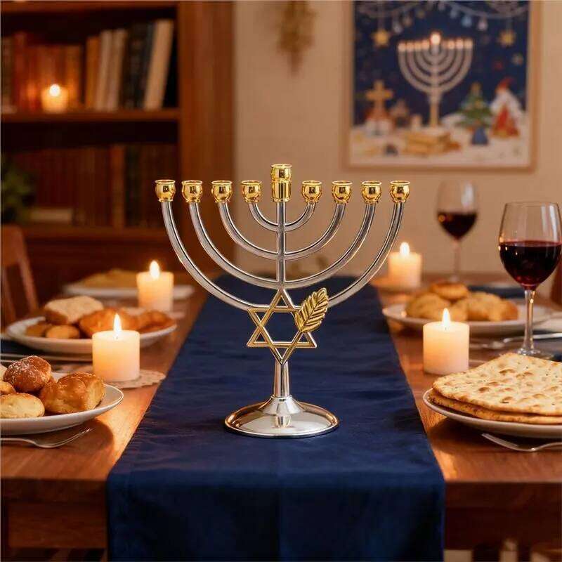 A96K-Traditional Jewish Menorah Candle Sticks Holder 9 Branch Jerusalem Temple Candles W260226