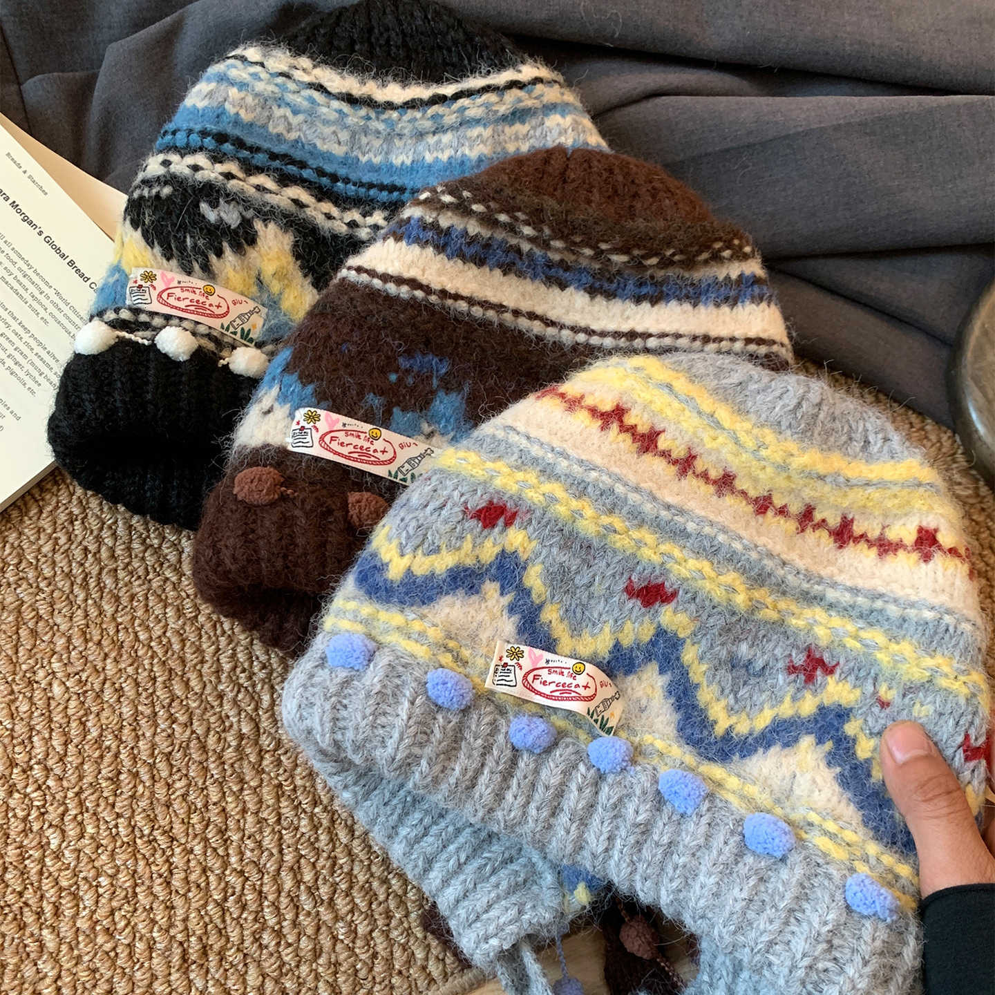 Fair Isle Knit Wool Hat for Women Autumn and Winter Warm Balaclava Thickened Ear Protection Headwrap Hat S260225