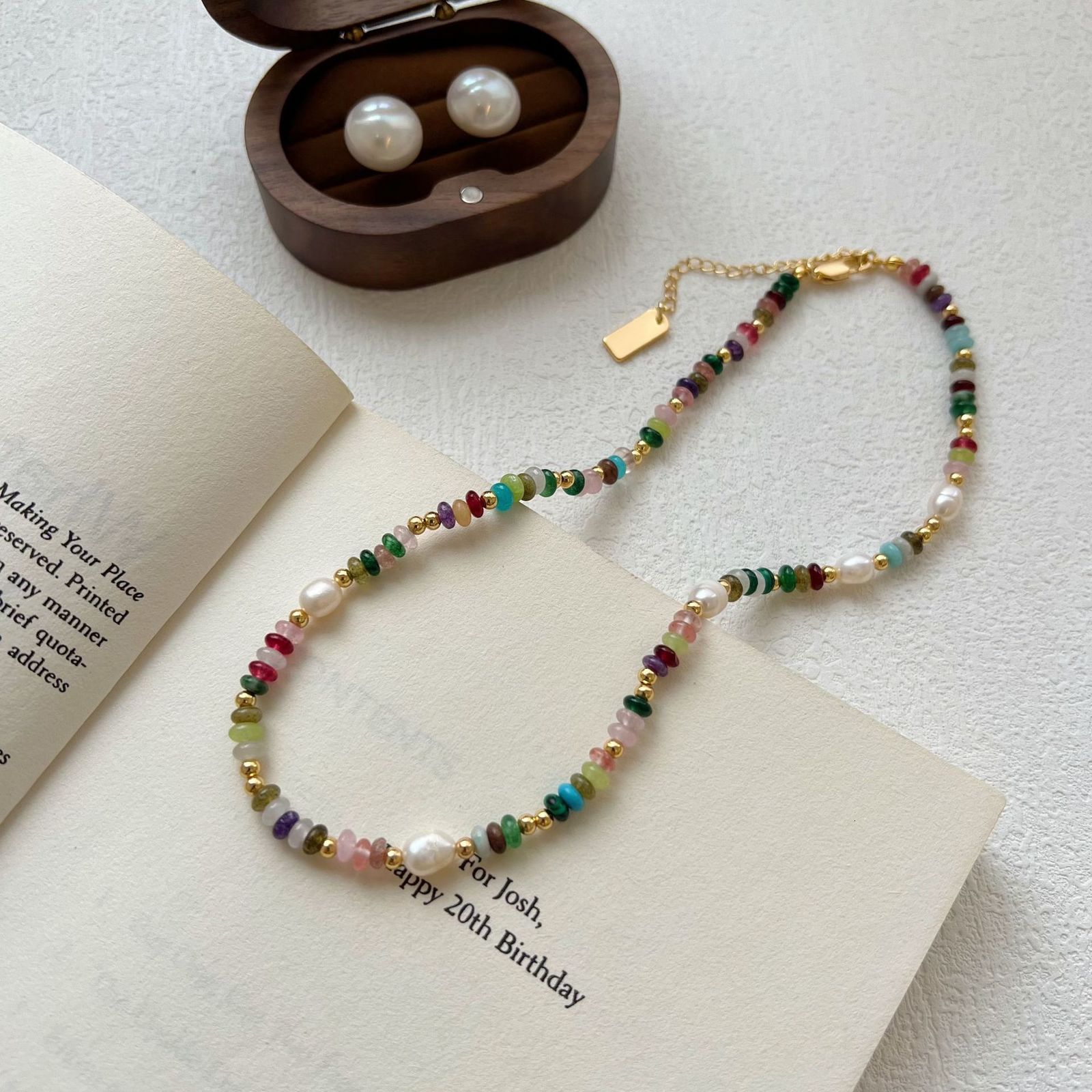 Natural stone womens collar ultimate cool childrens strand semi face bead antique gold-plated necklace 241017