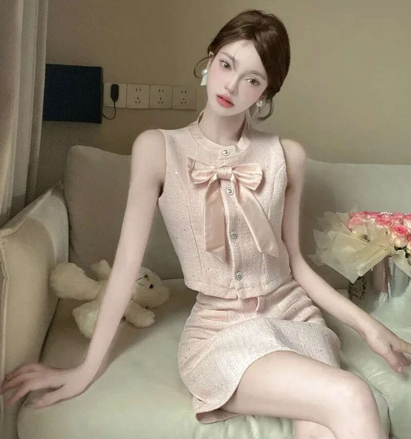 Women's bow celebrity sleeveless top two-piece set spliced single chest ultra-thin sweet summer outfit