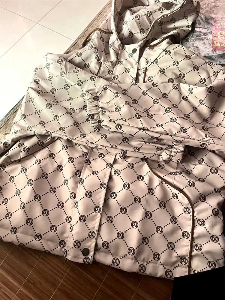 Women's Monogram Print Windbreaker, Oversized Hooded Drawstring Zipper Short OuterwearT260226