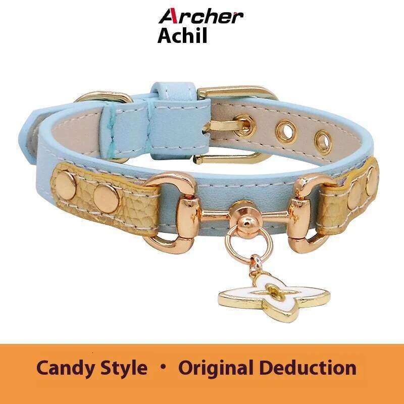 Achille Adjustable Leather Pet Teddy Cat with Metal Neck Collar Drawable Light Blue Contrast Buckle