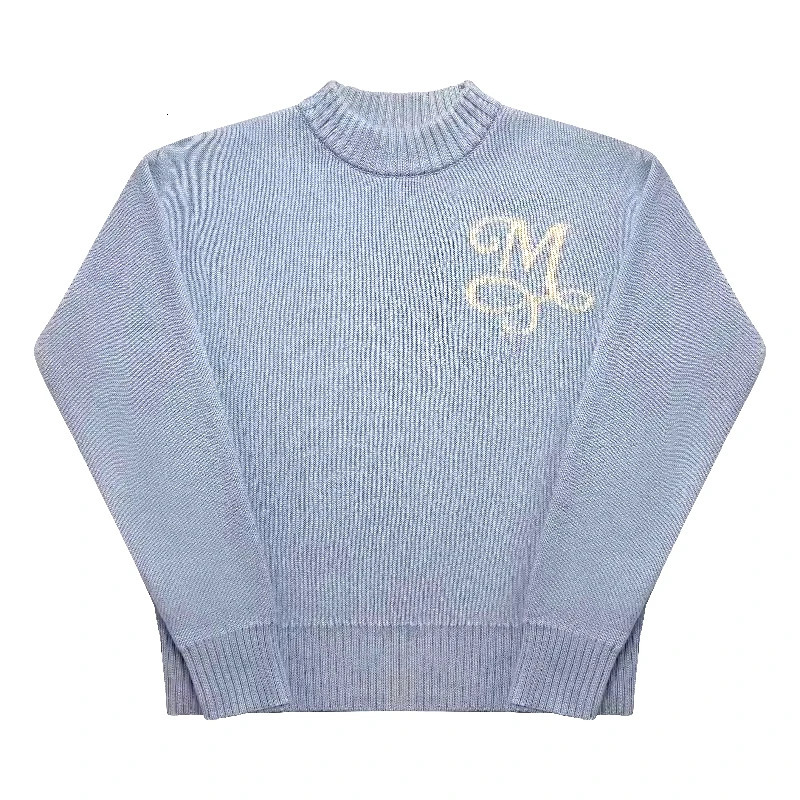 Y2K Sky Blue Long Sleeve Sweater Signature M Symbol Pattern Trendy Vintage Autumn Winter Unisex Oversized Clothing 260129