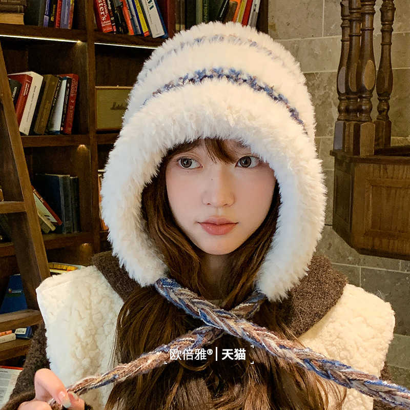 Fleece-Lined Thickened Plush Autumn Winter Large Head Circumference Warm Cold-Proof Lei Feng Hat Cute Tie-Up Knitted Hat S260225