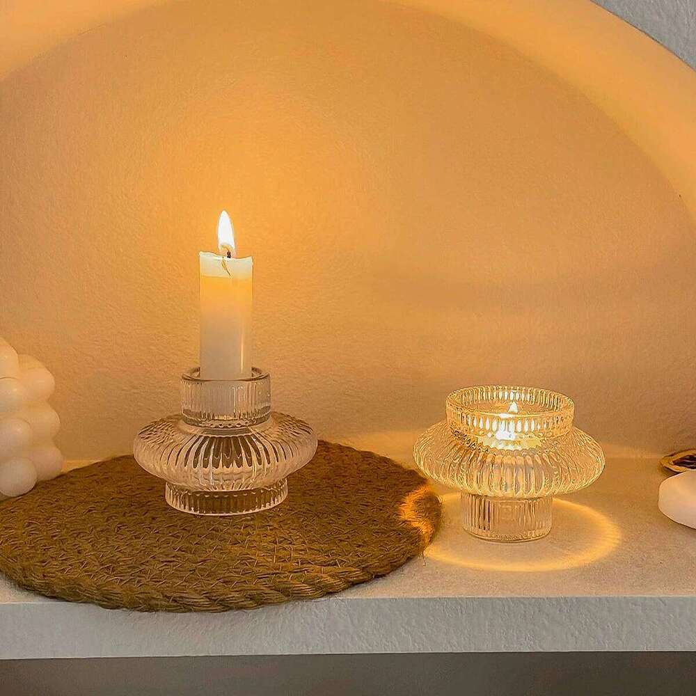 Clear UFO Shaped Small Glass Candle Holder for Table Design, Transparent Flying Saucer Tealight Candlestick, Modern Home Decor W260226