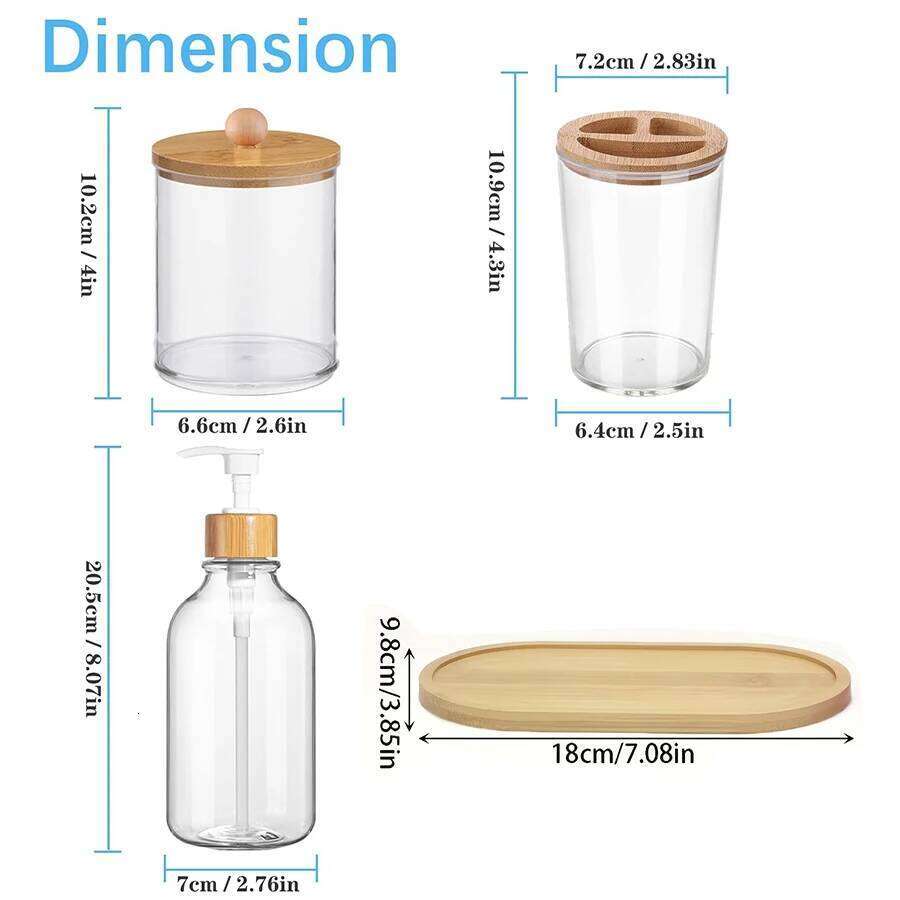 4 Pack Bamboo Bathroom Accessories Set - Plastic Soap Dispenser Clear Toothbrush and 2 Qtip Holder Cotton Ball