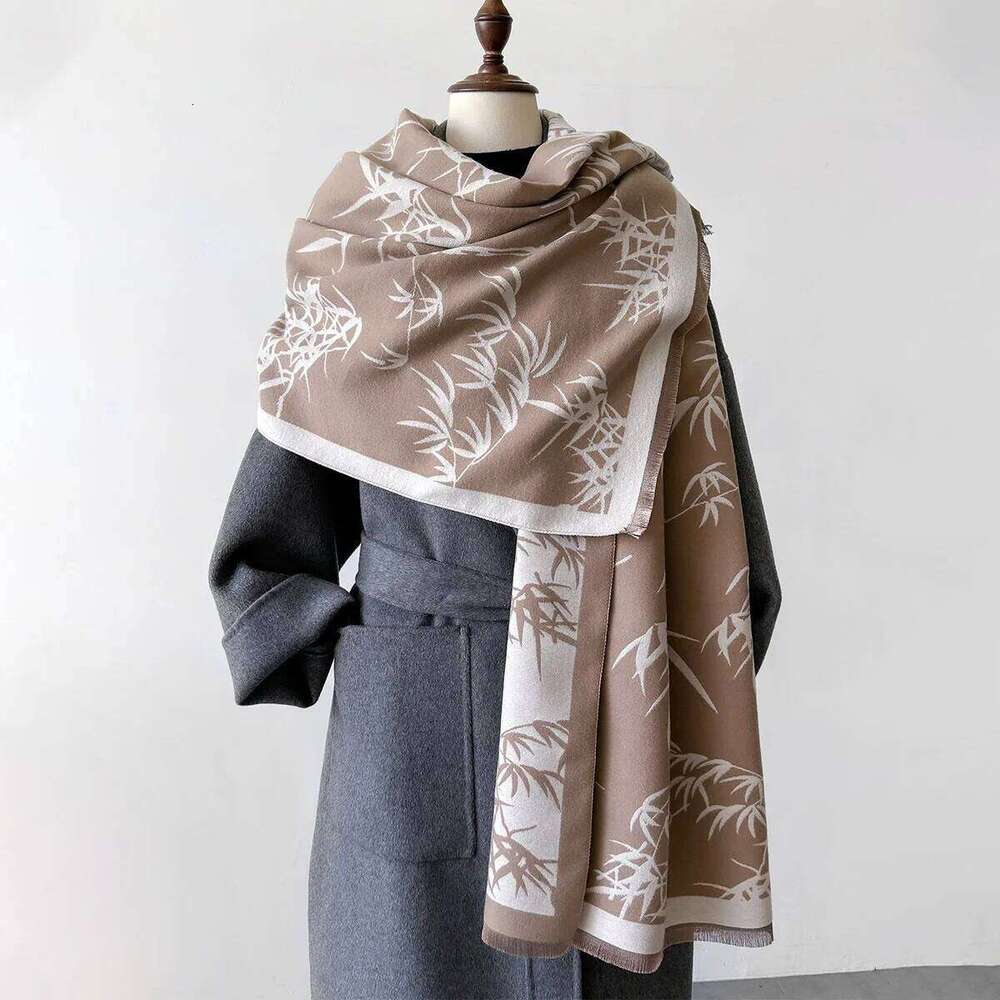 2024 Retro Bamboo Leaves Cashmere Feel Scarfs Women Autumn Winter Keep Warm Big Wrap Shawl Female Large Pashmina Thick Bufanda Z260226