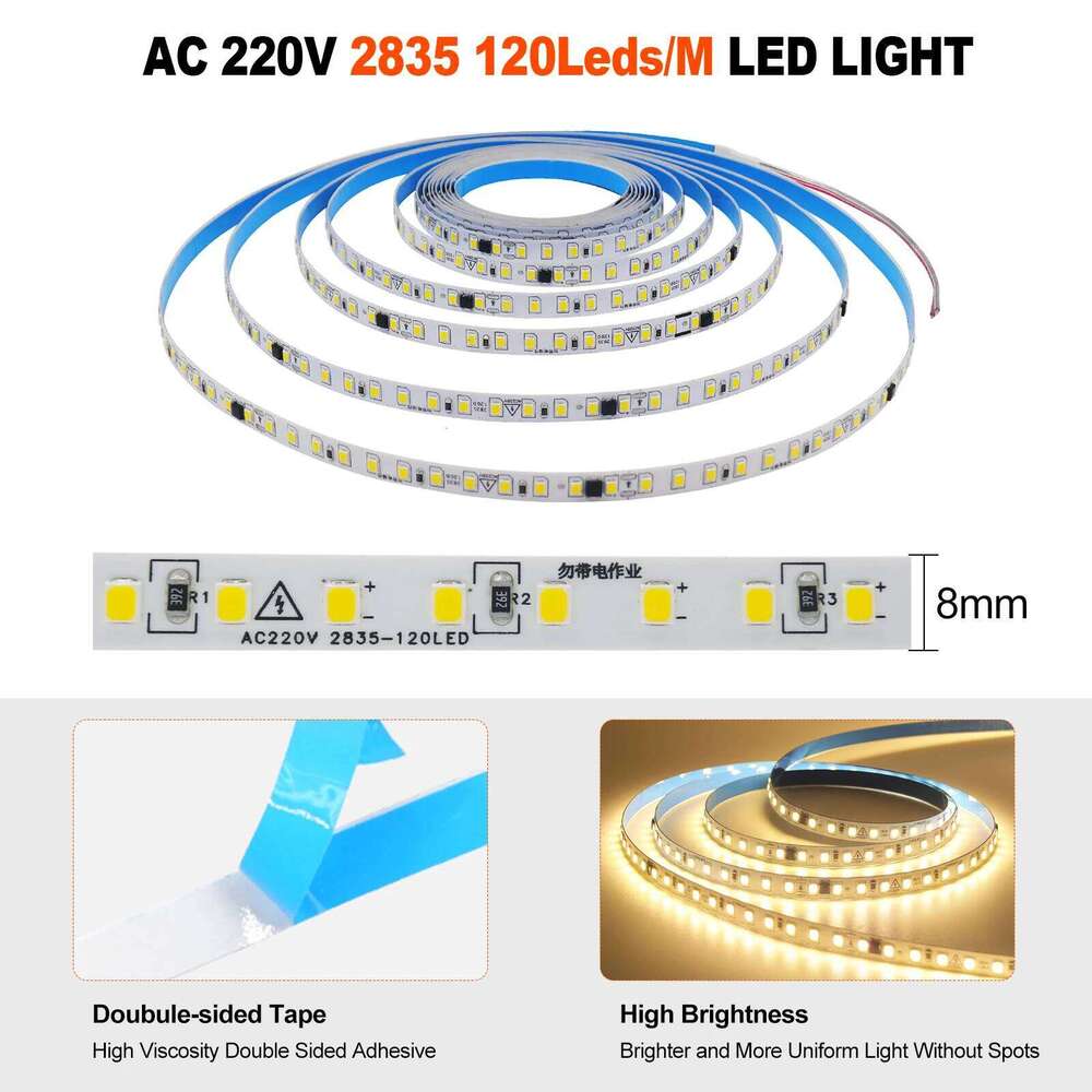 AC 220V SMD 2835 120Leds/M Strip IP44 3000K 4000K 6000K Home Decor Flexible Ribbon Rope Tape LED Light 5M 10M 50/Roll Z260226