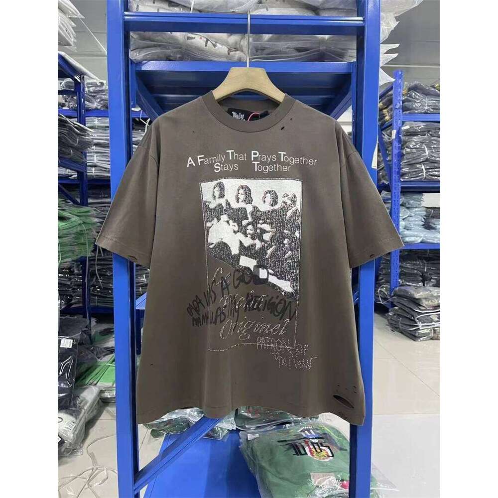 New Paly Hollywo SS25 Loose Retro Texture Letter Character Pattern Printed Water Washed Vintage Short Sleeve Cotton T-shirt H260227