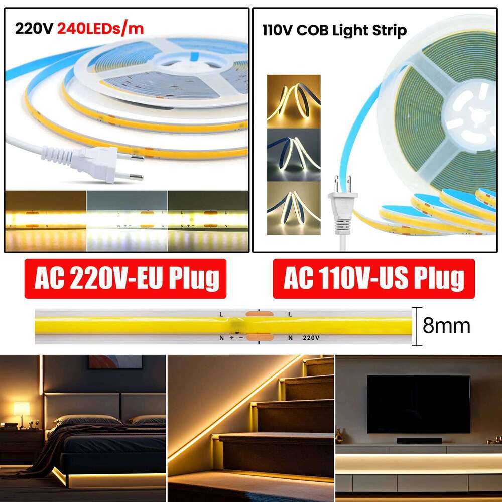 High Brightness COB LED Strip Light AC 220V/110V EU US Plug 240LEDs/M 3000K 4000K Flexible Ribbon Lamp for Indoor Home Decor Z260226