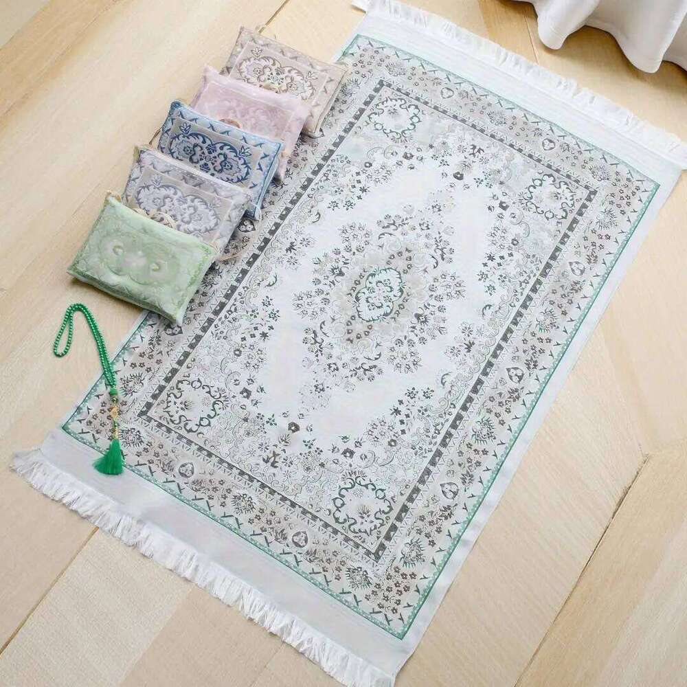 Rug With Prayer Beads and Portable Bag Muslim Gift Islamic Soft Mat Gifts Set Turkish Carpet For Ramadan Eid Hajj H260227