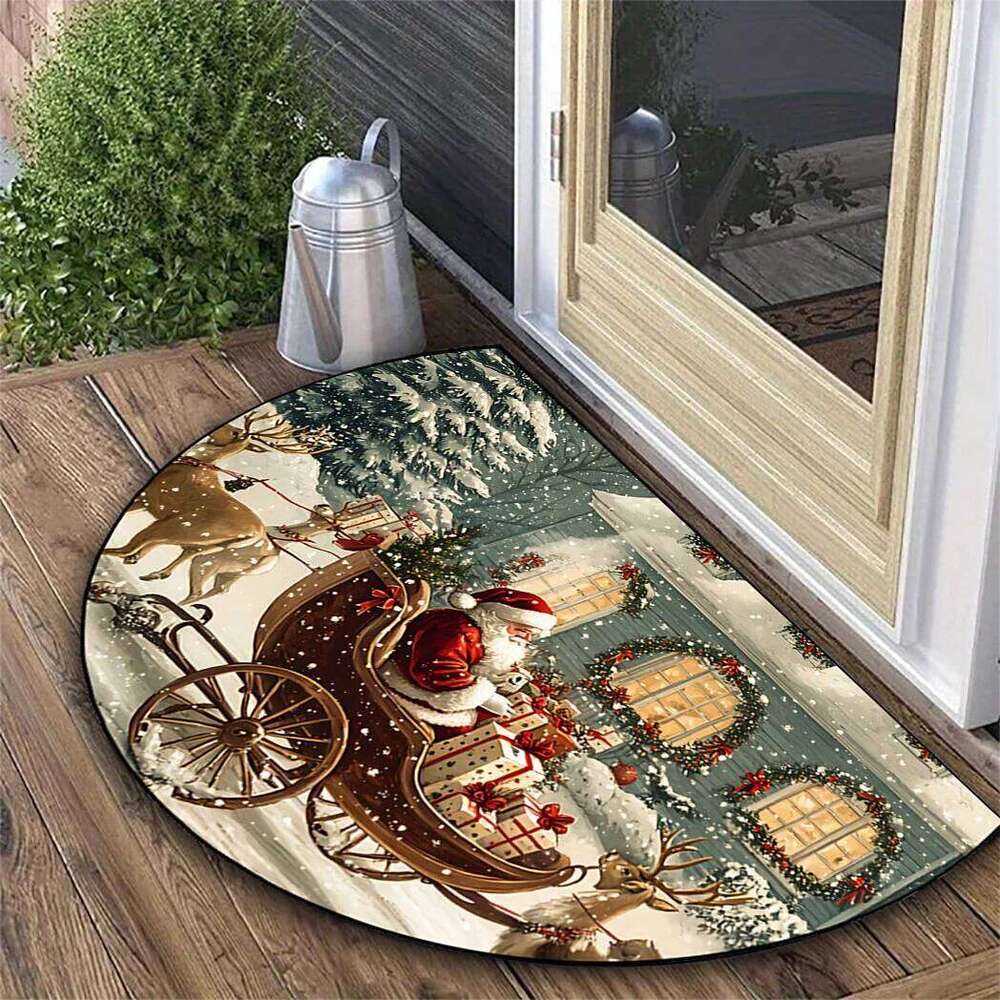 VIKAMA Christmas Theme Half Round Entry Rug Sleigh Reindeer Print Foyer Entryway Living Room Festive Decoration Home Floor Mat H260226