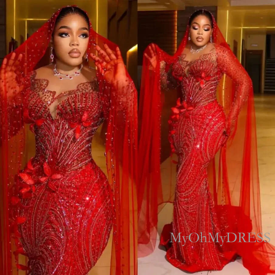 Plus Size Red 2026 Prom Mermaid Evening Dresses For Black Women Beaded Lace Crystals Flora Illusion Long Sleeves Birthday Dress Second Reception Gowns