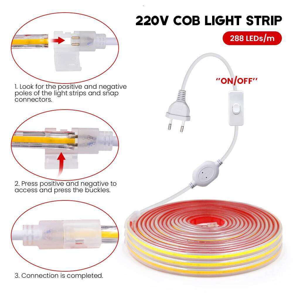 Waterproof 220V COB Led Strip with Switch EU UK Power Plug 288LEDs/M High Density Self-adhesive FOB LED Tape 3000K 4000K 6000K Z260226