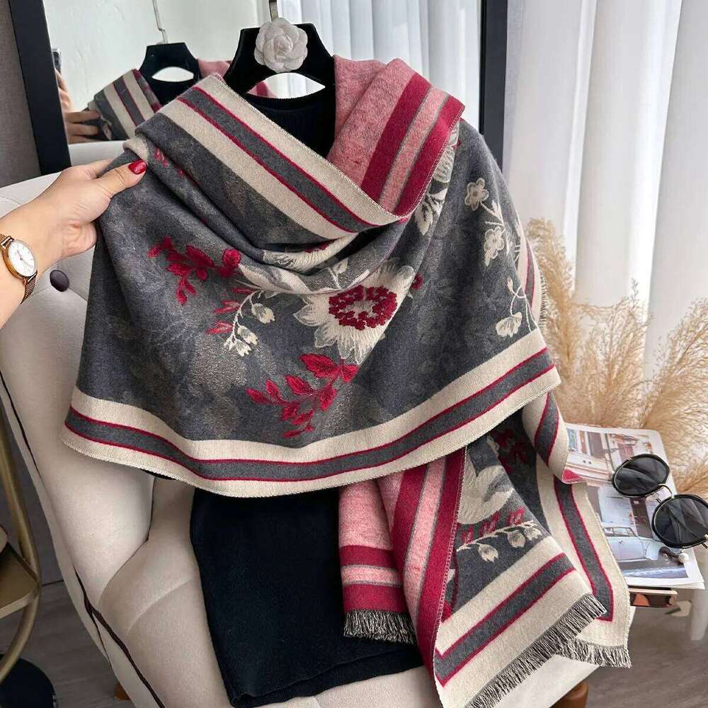 Elegant Flowers Jacquard Pashmina Imitation Cashmere Winter Thick Warmth Two-Sided Shawl Coldproof Windproof Blanket Scarf Z260226