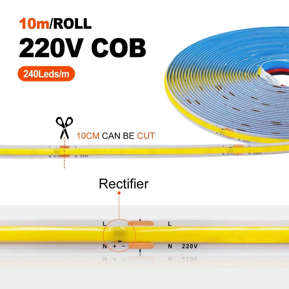 AC 220V COB Strip IP20 3000K 4000K 6000K Home Decor High Brighter 240Leds/M Flexible Ribbon Rope Tape LED Light 5M 10M 50/Roll Z260226