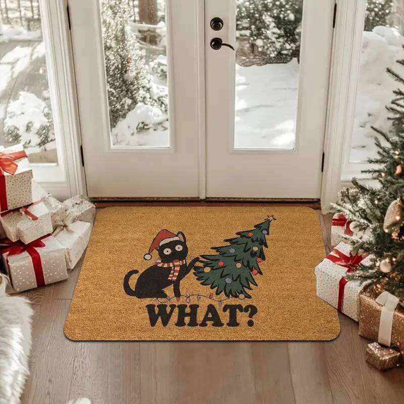 VIKAMA Black Cat and Christmas Tree Pattern Rug Bedroom Entryway Doormat Soft Comfortable Floor Mat Home Decor H260226