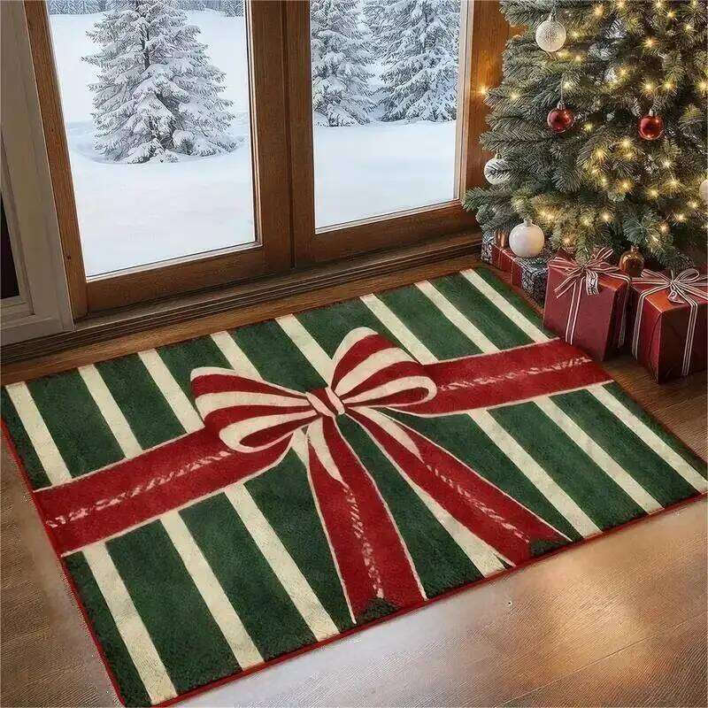 Christmas Gift Box Carpet Gingerbread House Rug Red Green Stripe Large Bow Candy Cane Home Decoration Entryway Floor Mat H260226