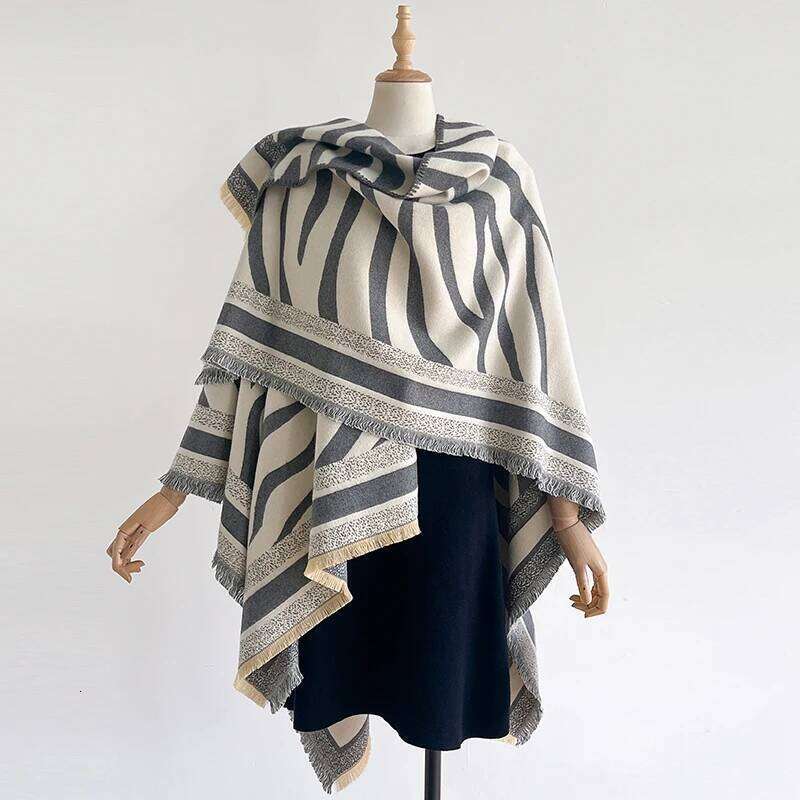 New Winter Women Poncho Warm Slit Large Shawl Double Sided Stripes Print Thickening Blanket Luxury Scarf Female Cloak Pashmina Z260226