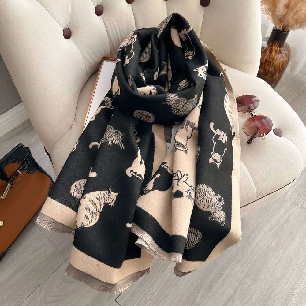 Women Latest Animal Jacquard Cat Scarf Imitation Cashmere Soft Warm Fringe Shawl Autumn Winter Coldproof Windproof Blanket 2025 Z260226