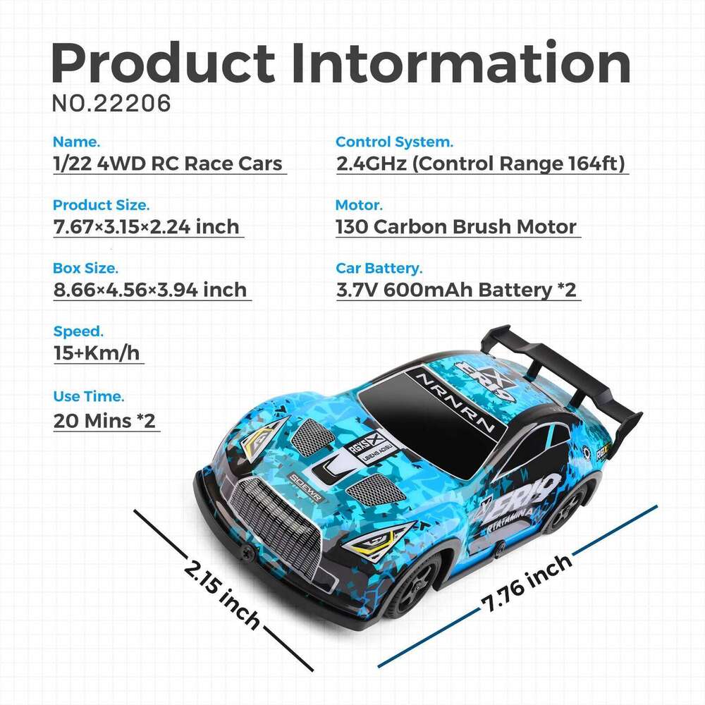 WLtoys 22206 4WD RC Car: 15+km/h High-Speed, 2-Speed, 2.4G Multi-Car Racing, LED Lights, 40min Run, w/Drift Tires & Cones H260227