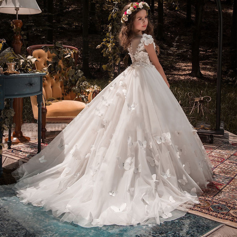 White Vneck Flower Girl Dresses For Wedding Butterfly Appliques Pearl Child Birthday Party First Holy Communion Gown 251023