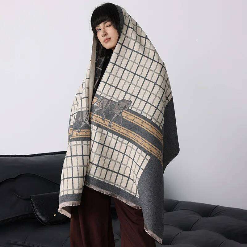 New Luxury Belt&Plaid Horse Scarf Women Winter Warmer Pashmina Scarves Two-Sided check Shawl Female Thick Blanket Wraps Foulard Z260226