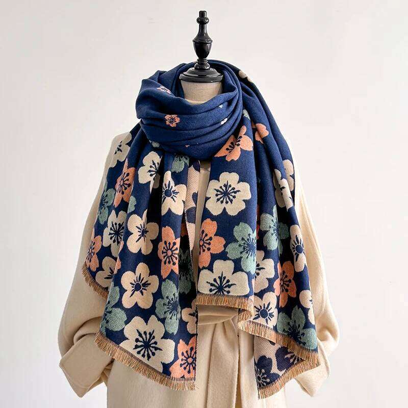 Elegant Floral Bouquet Imitation Cashmere Soft Warm Versatile Shawl Coldproof Windproof Blanket Scarf for Autumn Winter Z260226