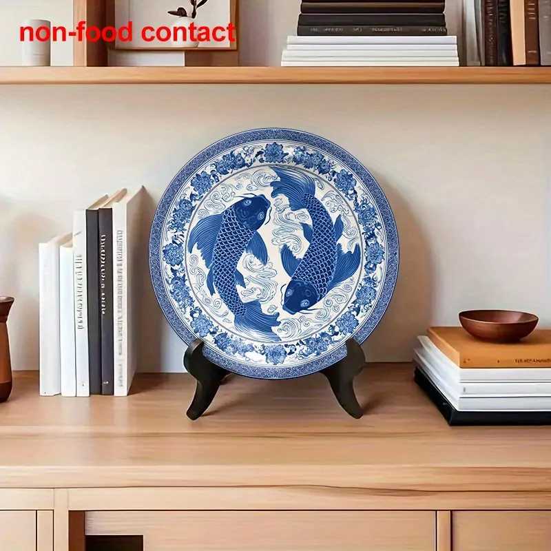 Vintage Chinese Porcelain Koi Fish Wall Decor Plate 8-Inch Blue and White Ceramic Hanging ArtT260302