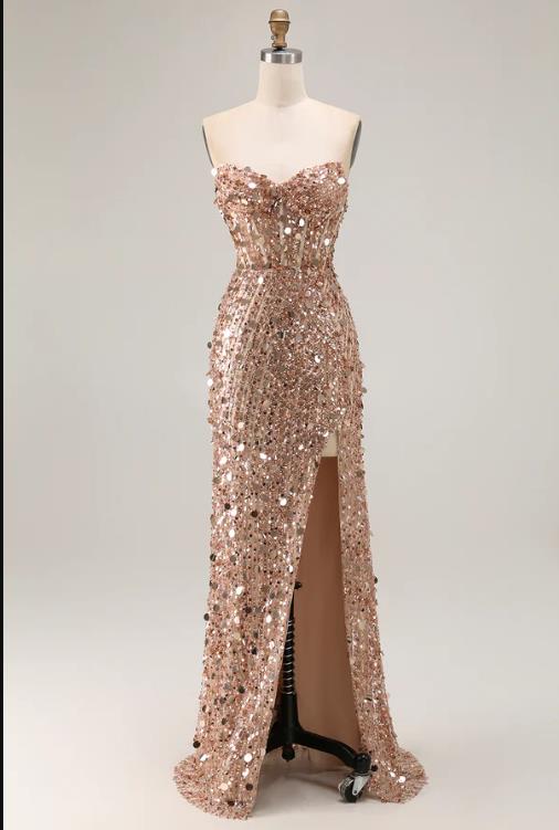 Sparkly Gold Sequined Mermaid Prom Dresses Sweetheart Long Corset Evening Gowns With Slit Junior Gala Birthday Party Wears F27bc22014 B0312