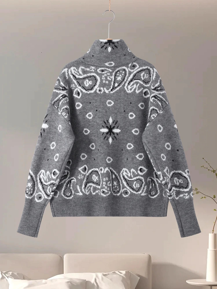 Vintage Knit Jacquard Stand Collar Women Cardigan Zipper Full Sleeve Pockets Loose Sweater 2026 Spring Lady Soft Knitwear 260306