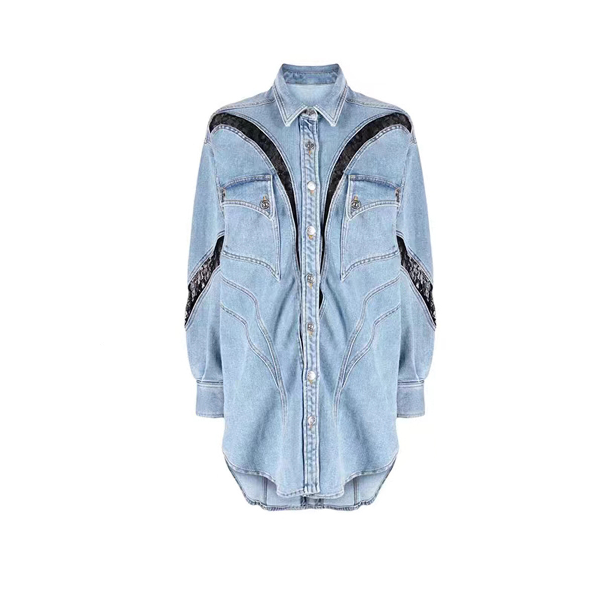 Niche Design Three-Dimensional Split Shirt 25 Spring Summer Lace Color-Block Oversized Shirt-Style Denim Jacket for Women 231005