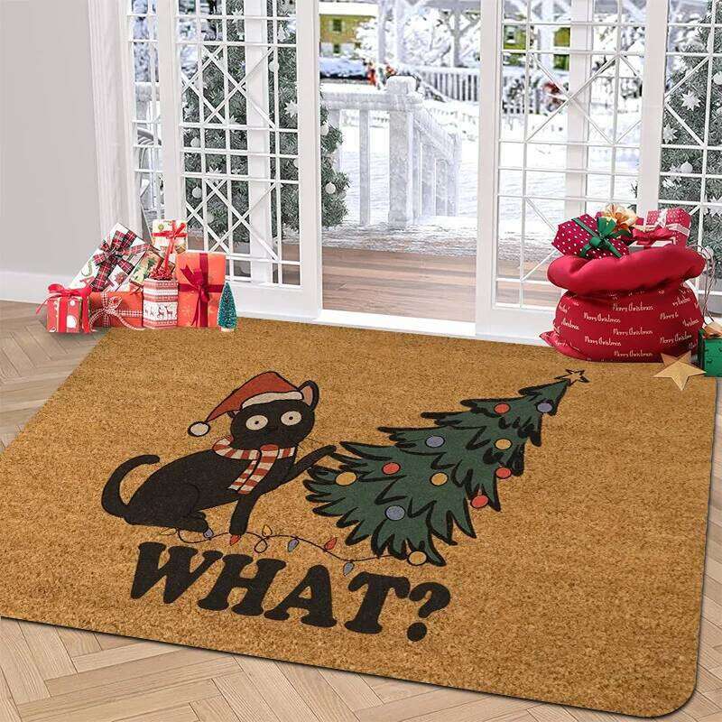 VIKAMA Black Cat and Christmas Tree Pattern Rug Bedroom Entryway Doormat Soft Comfortable Floor Mat Home Decor H260226