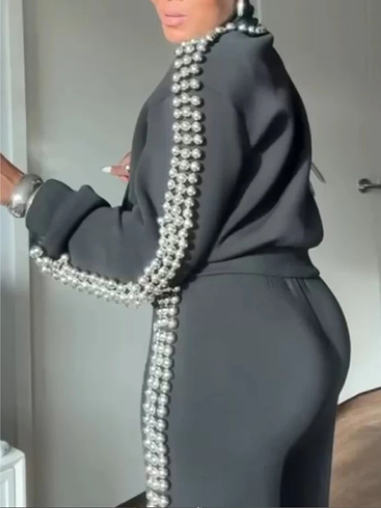 Womens Pants Set Round-Neck Tops Pearl-Trim Wide-Leg Fashion Oversized Elegant 2-Piece Outfit Spring Fashion Woman Clothes260227