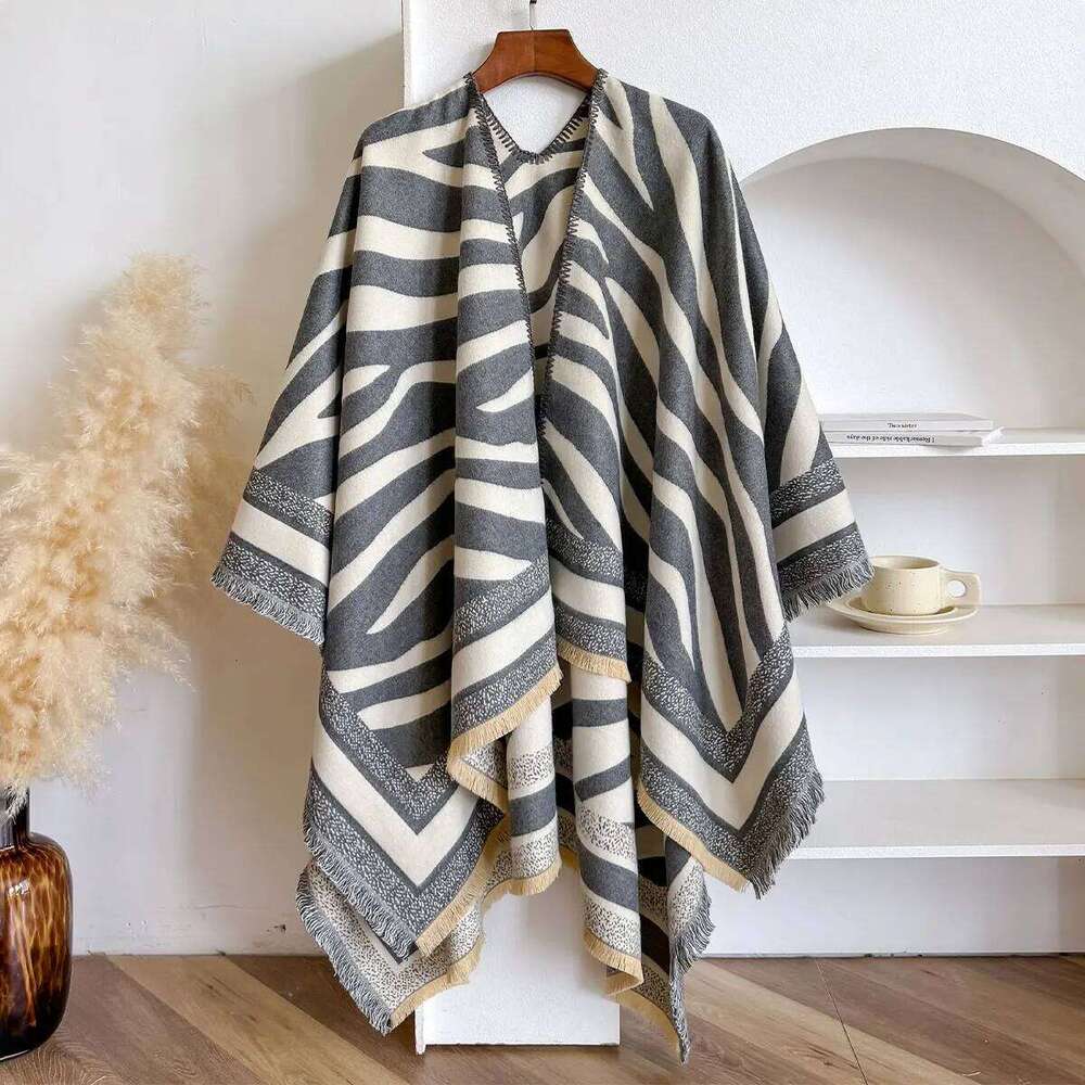 New Winter Women Poncho Warm Slit Large Shawl Double Sided Stripes Print Thickening Blanket Luxury Scarf Female Cloak Pashmina Z260226