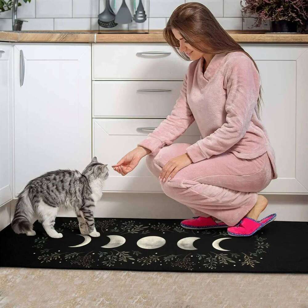 Kitchen Rug Black Gothic Witchy Moon Printed Floor Mat Anti-slip Long Strip Carpet for Bedroom Living Room Hallway Home Decor H260226