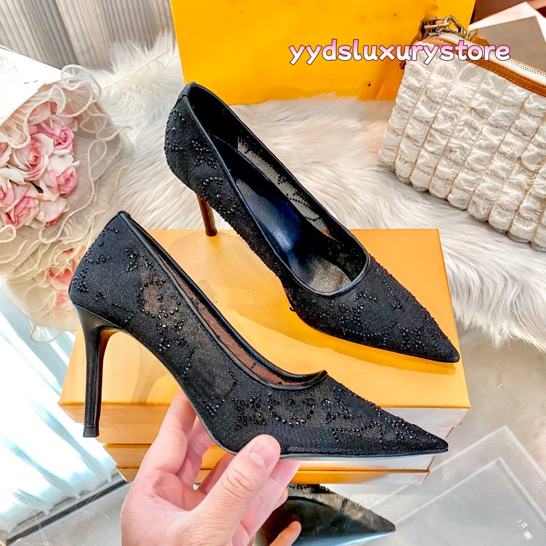 2026 New Designer Heels Lace Rhinestone Pointed Toe Stiletto Pumps Women Luxury Wedding Party Dress Shoes High Quality Summer Sandals