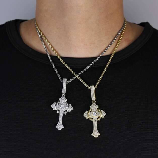 European and American New Two-tone Cross Zircon Hip-hop Personality Jewelry Men's Pendant Necklace Trend