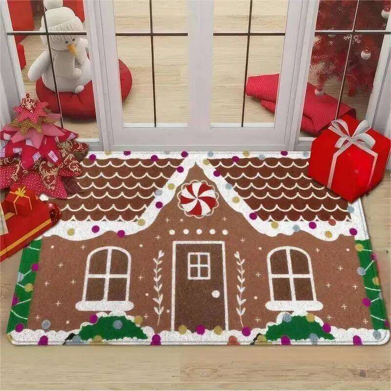 Christmas Gift Box Carpet Gingerbread House Rug Red Green Stripe Large Bow Candy Cane Home Decoration Entryway Floor Mat H260226