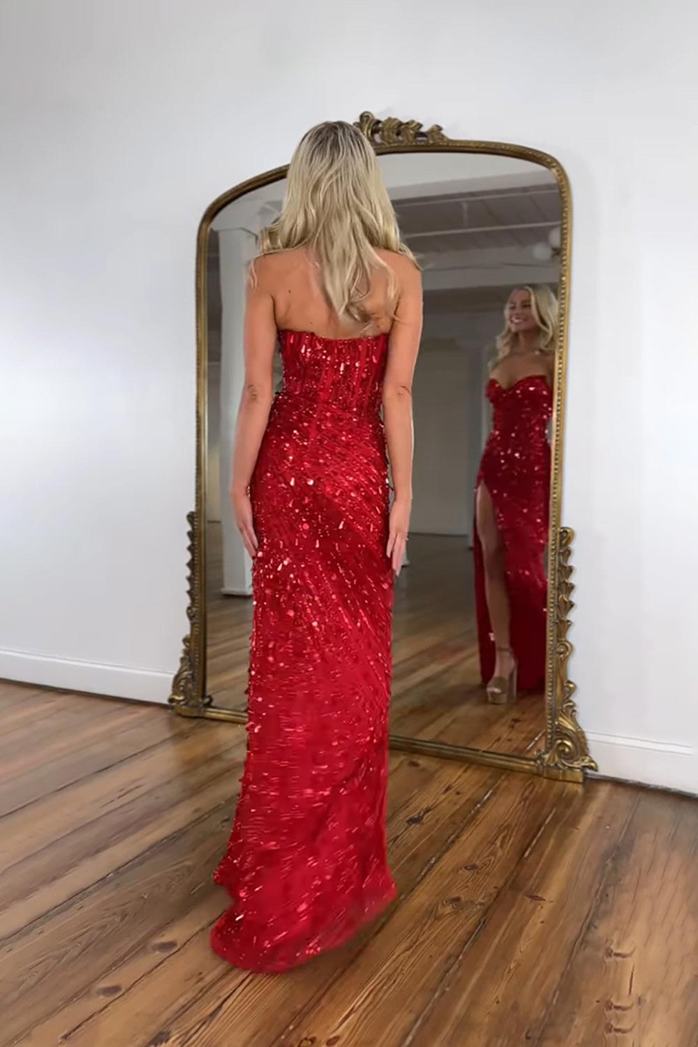 Sparkly Gold Sequined Mermaid Prom Dresses Sweetheart Long Corset Evening Gowns With Slit Junior Gala Birthday Party Wears F27bc22014 B0312