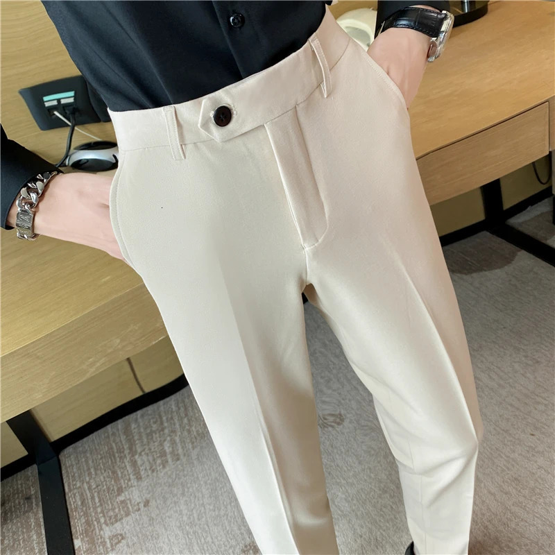 Boutique Fashion Solid Color Plaid Striped Mens Casual Business Office Formal Suit Pants Grooms Wedding Dress Trousers 260227