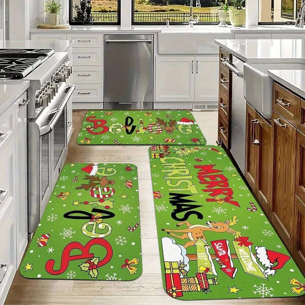 Reindeer Snowflake Christmas Kitchen Mat , Anti-Fatigue Flannel Machine Rug for Living Room Bedroom Dining Decor H260226