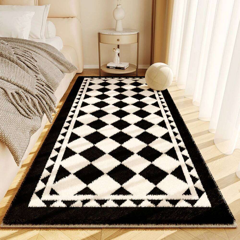 VIKAMA Rug For Flannel Cream Wind Solid Color Black And White Diamond Lattice Bed Bedroom Window Carpet H260226
